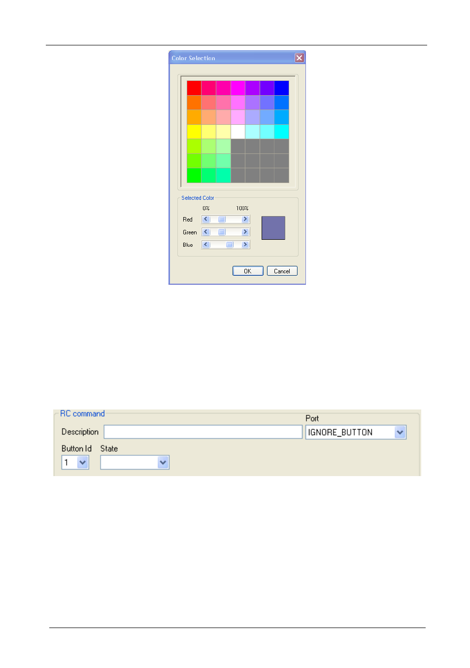 7 the ignore button port rc command area, Figure 27: color selection window, Figure 28: ignore button port rc command area | Kramer Electronics SV-551 User Manual | Page 30 / 51