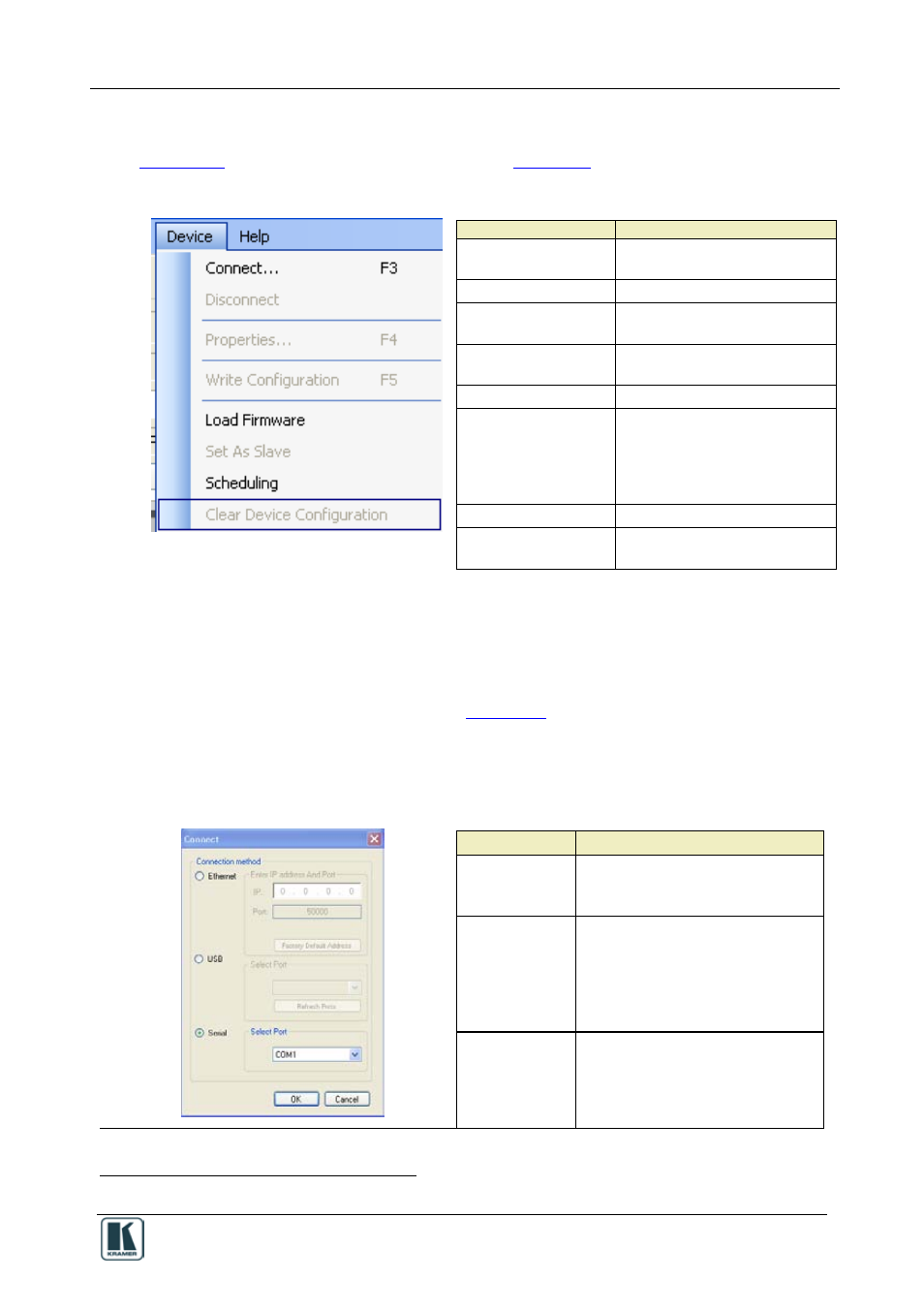 4 the device menu, 1 the connect command, The device menu | The connect command, Figure 47: the device menu, Table 10: device menu features, Table 11: connect dialog box | Kramer Electronics SV-551 User Manual | Page 43 / 51