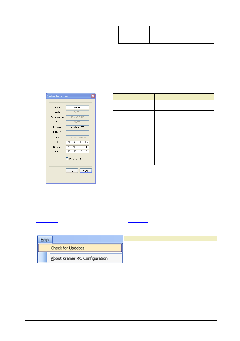 2 the device properties dialog box, 5 the help menu, The device properties dialog box | The help menu, Figure 48: device selection dialog box, Figure 49: device properties window, Figure 50: the help menu, Table 12: connect dialog box, Table 13: help menu features, Figure 48 | Kramer Electronics SV-551 User Manual | Page 44 / 51