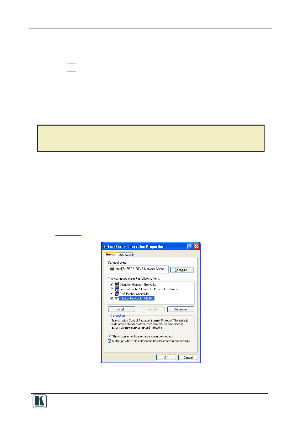 8 connecting via the ethernet, Connecting via the ethernet, Figure 58: local area connection properties window | Kramer Electronics SV-551 User Manual | Page 49 / 51