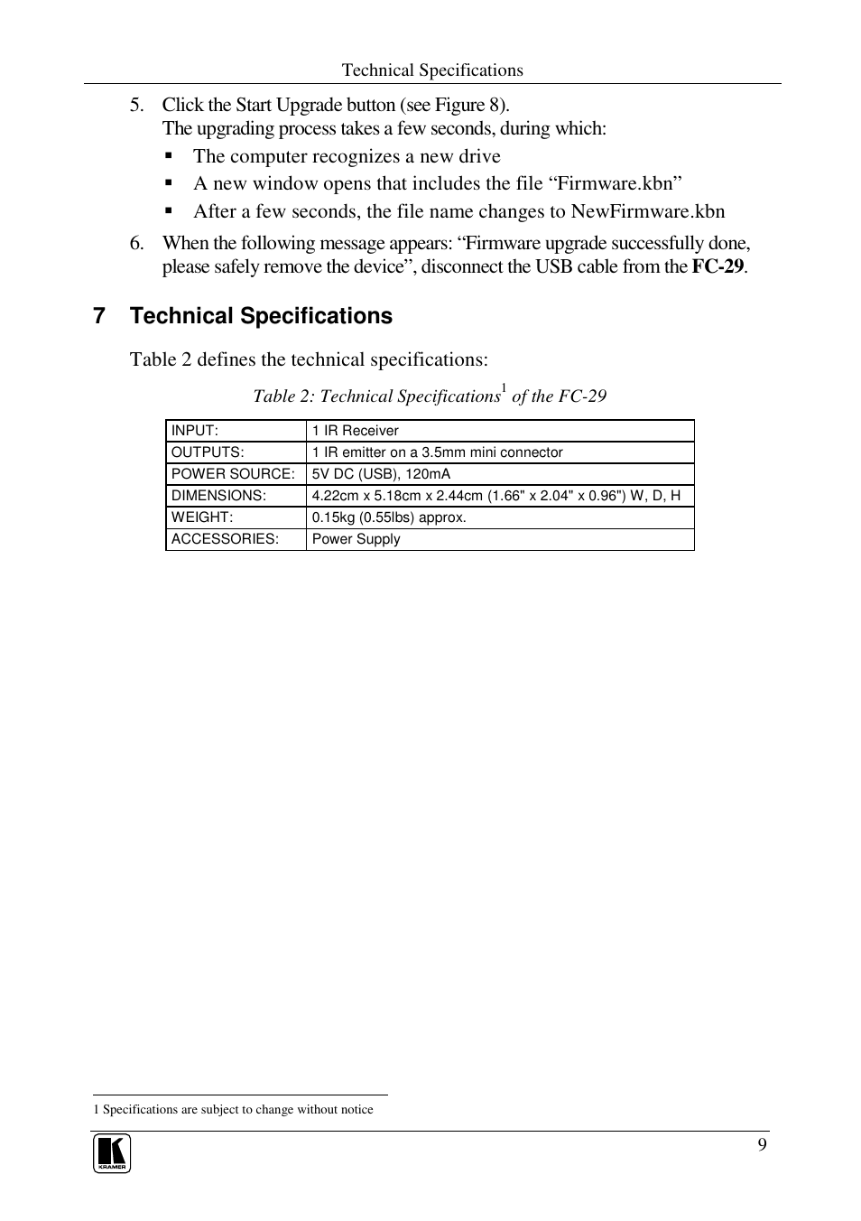 7 technical specifications, Table 2 defines the technical specifications | Kramer Electronics FC-29 User Manual | Page 11 / 13