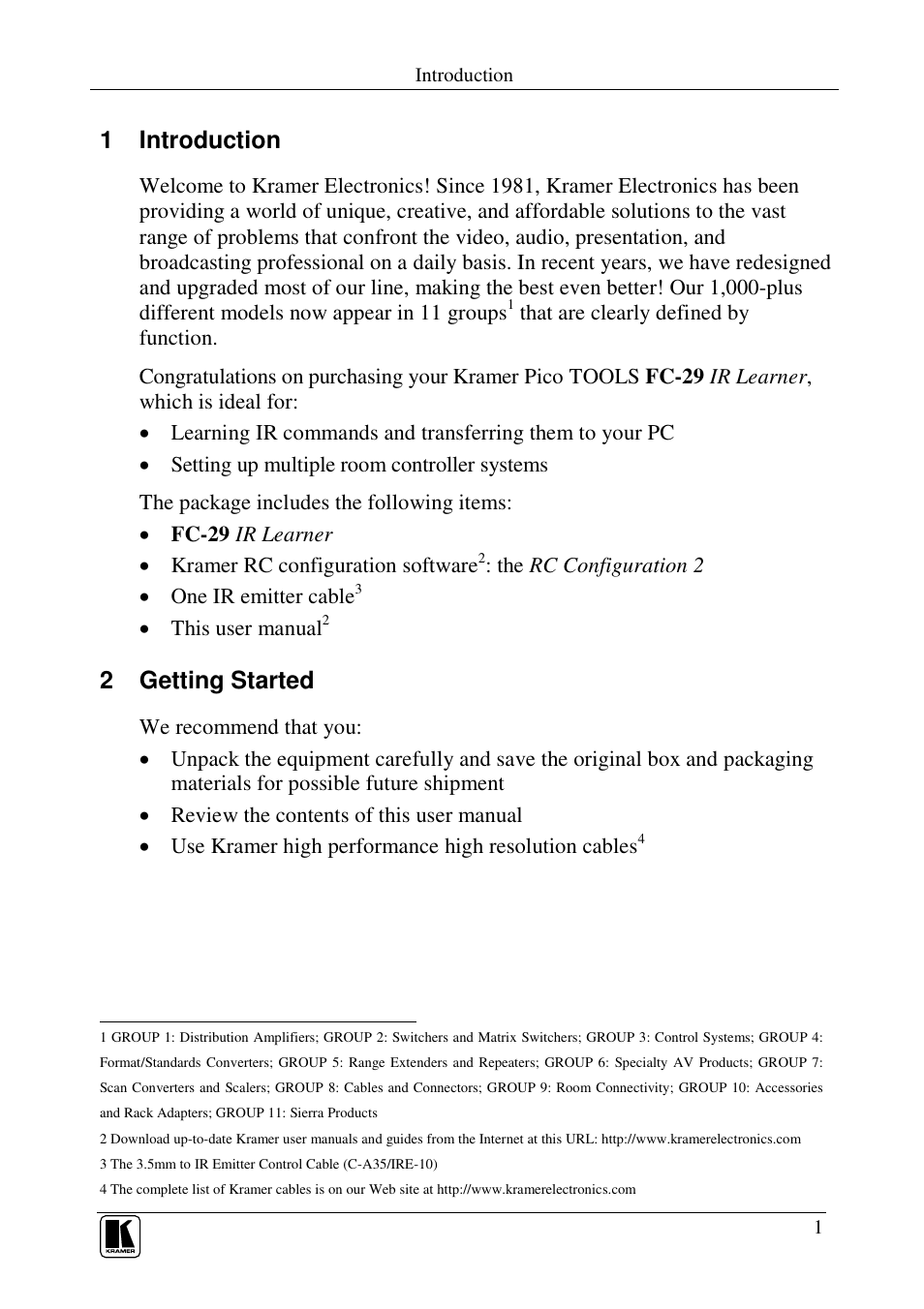 1 introduction, 2 getting started | Kramer Electronics FC-29 User Manual | Page 3 / 13