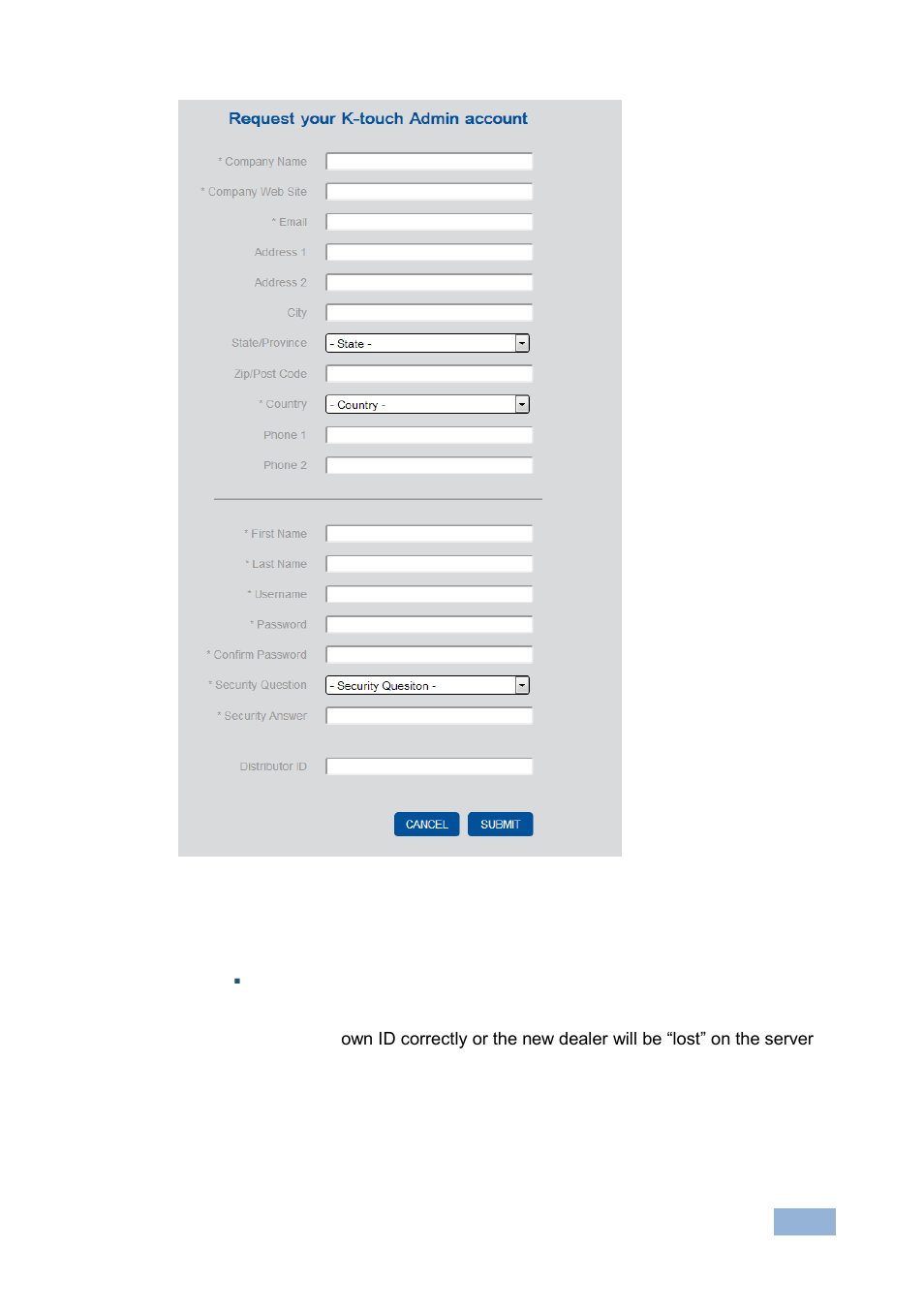 Figure 5: account request screen | Kramer Electronics K-Touch User Manual | Page 11 / 18