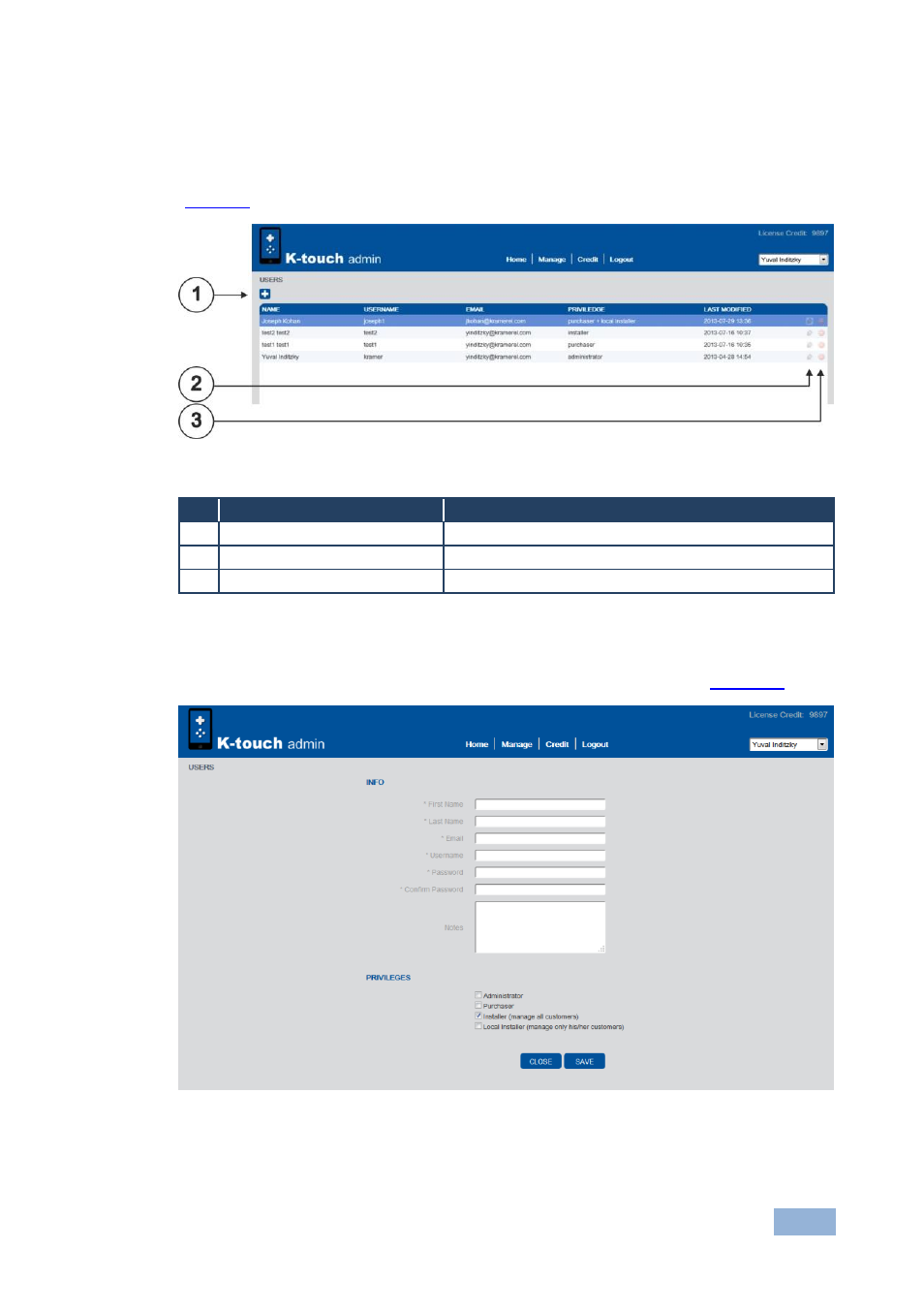 5 managing users, 1 adding a new user, Managing users | Figure 12: manage users screen, Figure 13: user screen | Kramer Electronics K-Touch User Manual | Page 17 / 18