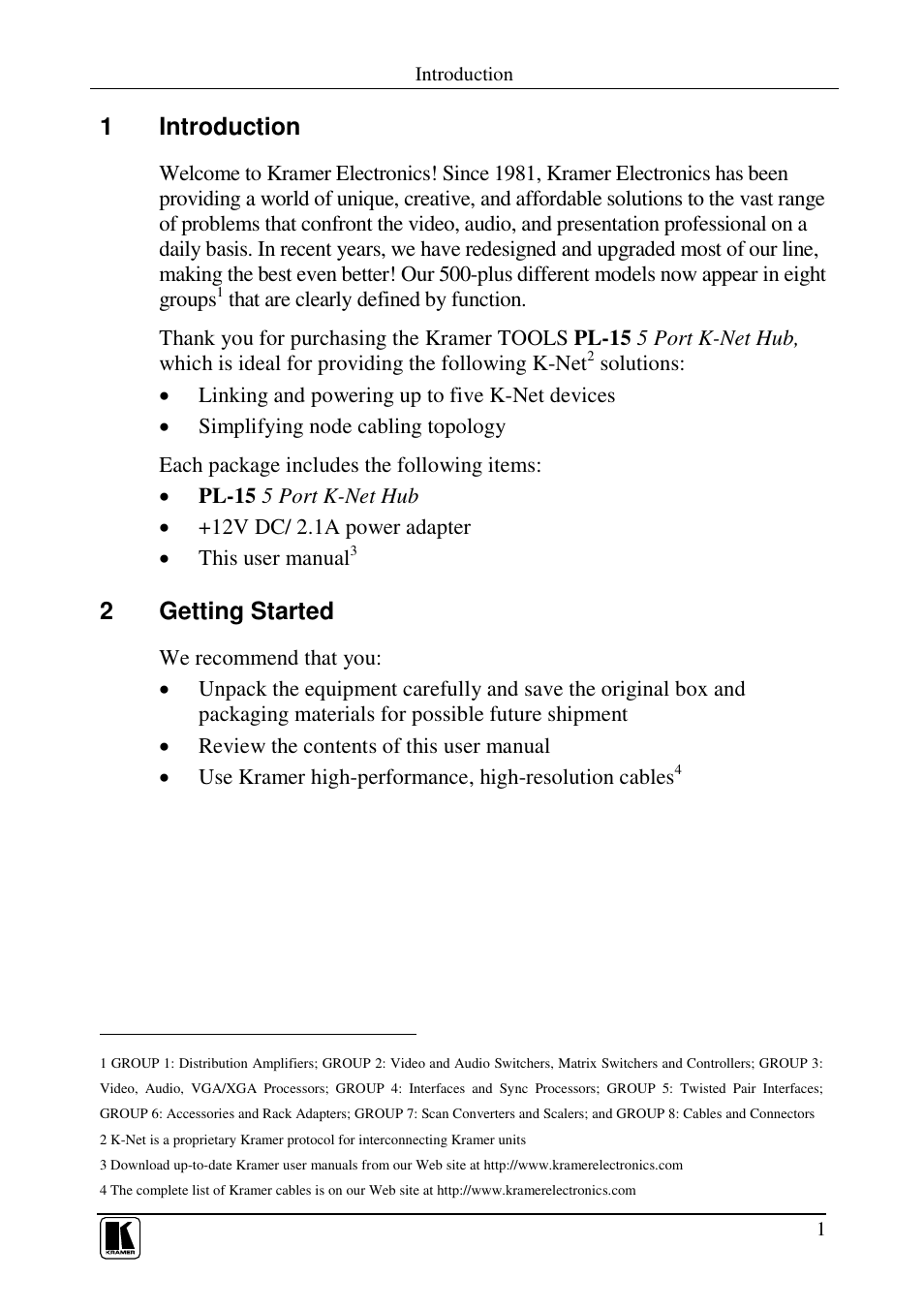 1introduction, 2getting started | Kramer Electronics PL-15 User Manual | Page 3 / 9