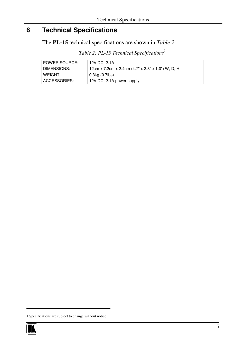 6technical specifications | Kramer Electronics PL-15 User Manual | Page 7 / 9