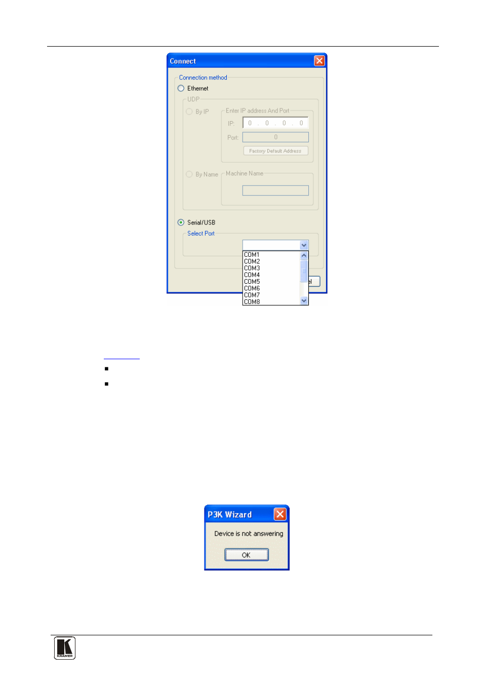 Figure 4: connect serial/usb, Figure 5: error message | Kramer Electronics PL-18 User Manual | Page 18 / 25