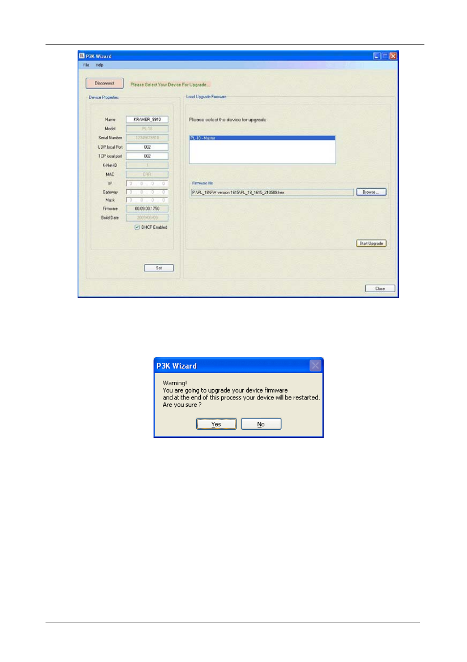Figure 8: device and file selected, Figure 9: warning window | Kramer Electronics PL-18 User Manual | Page 21 / 25