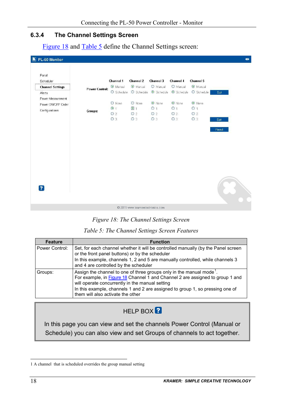 4 the channel settings screen, The channel settings screen, Figure 18: the channel settings screen | Table 5: the channel settings screen features | Kramer Electronics PL-50 User Manual | Page 22 / 52