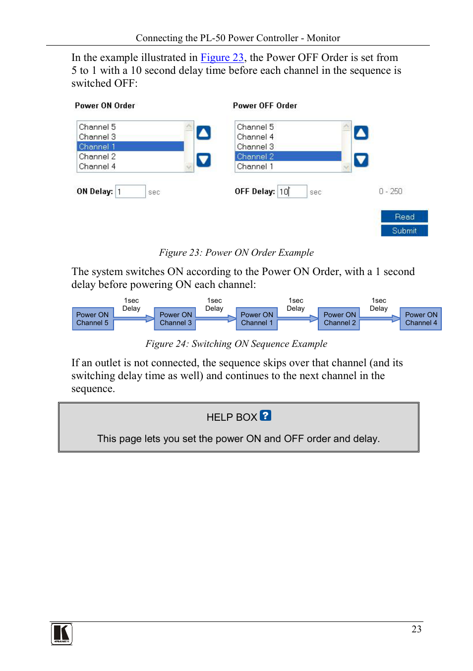 Figure 23: power on order example, Figure 24: switching on sequence example | Kramer Electronics PL-50 User Manual | Page 27 / 52