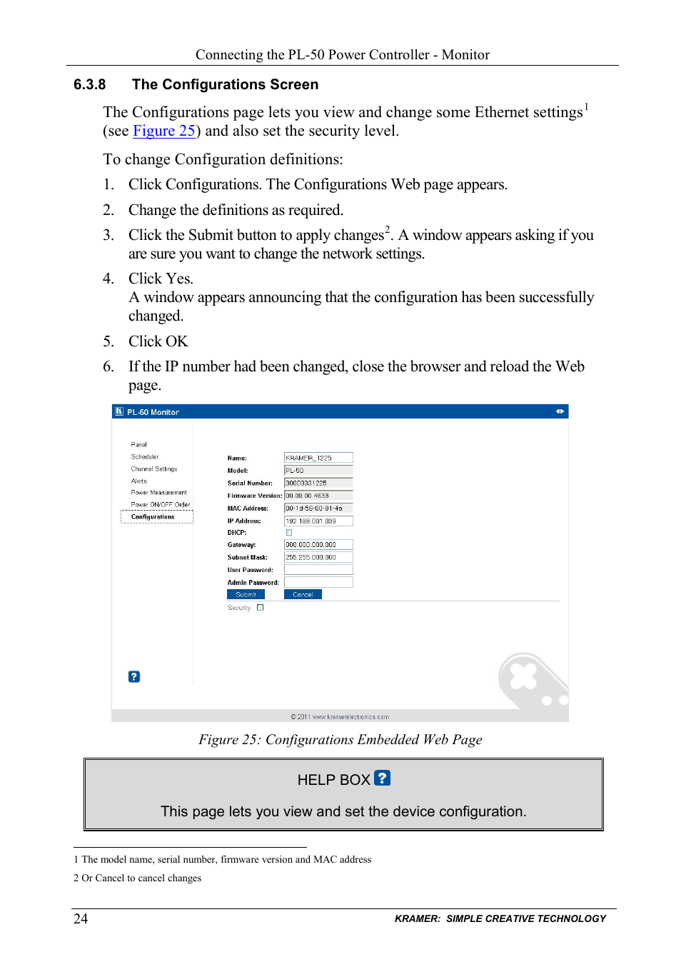 8 the configurations screen, The configurations screen | Kramer Electronics PL-50 User Manual | Page 28 / 52