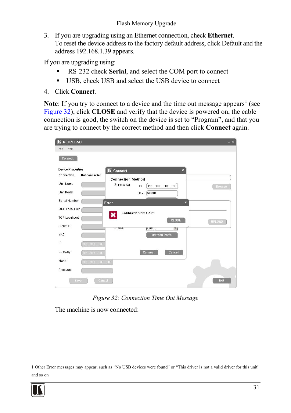 Figure 32: connection time out message | Kramer Electronics PL-50 User Manual | Page 35 / 52