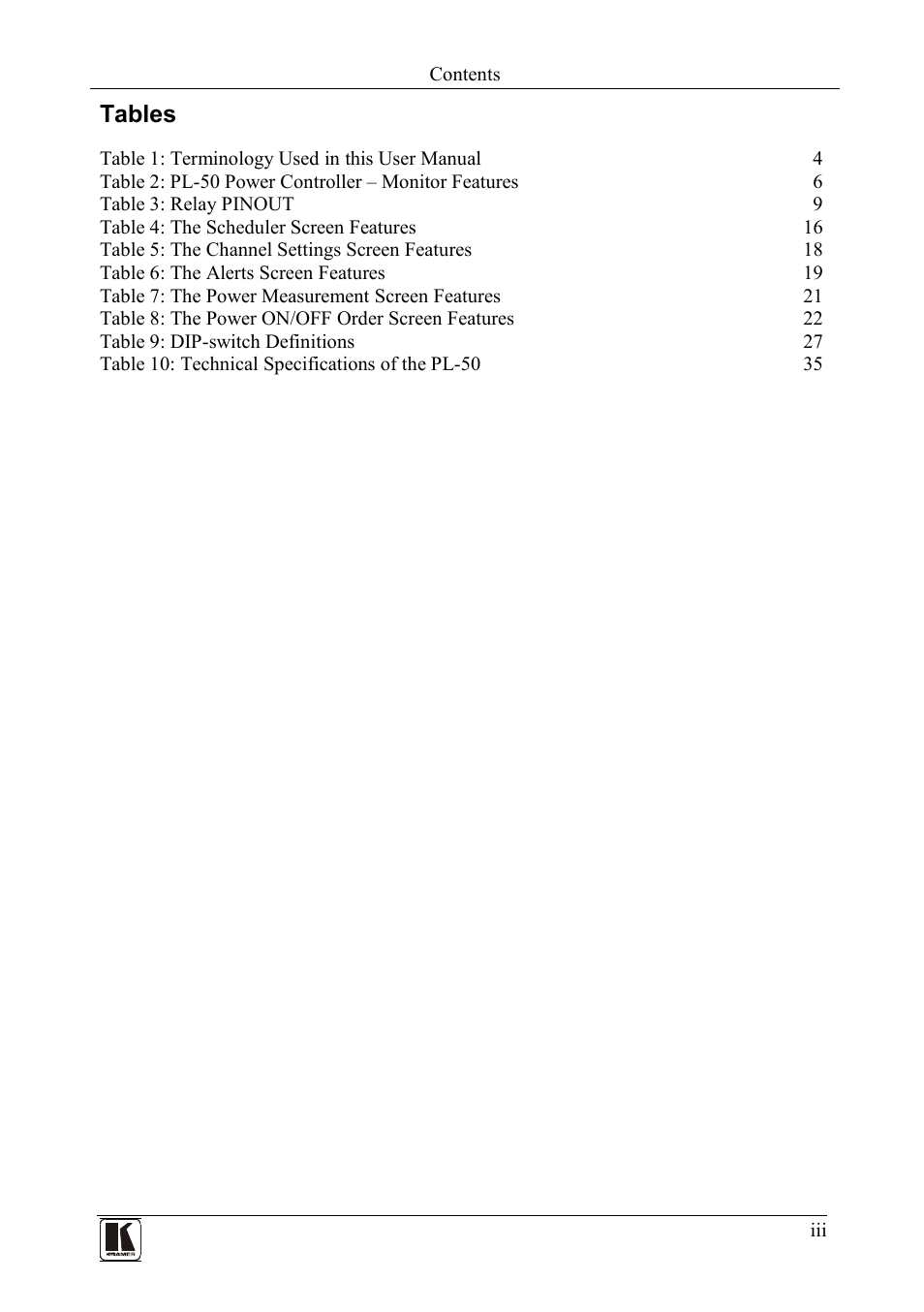 Tables | Kramer Electronics PL-50 User Manual | Page 4 / 52