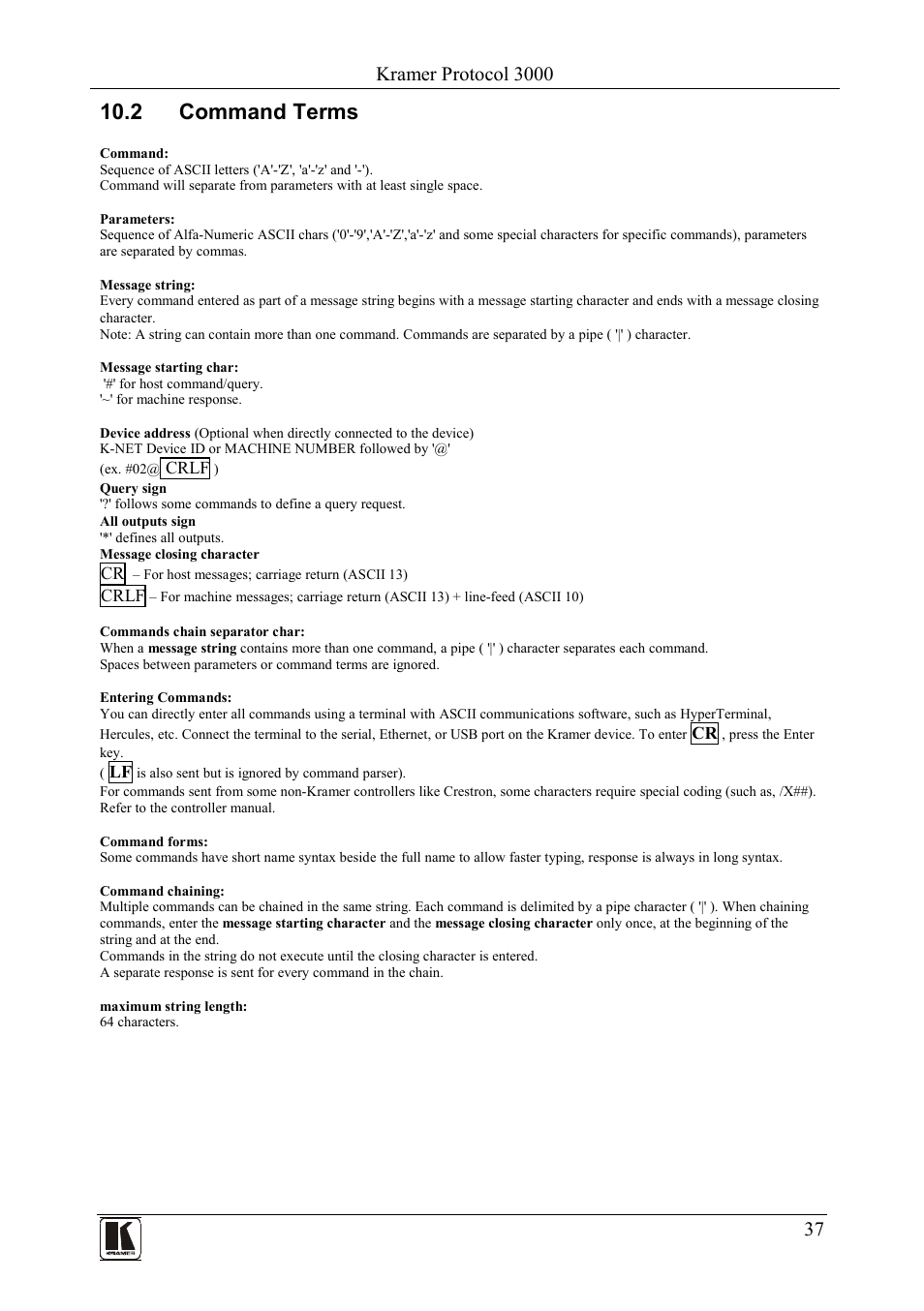 2 command terms, Command terms, Kramer protocol 3000 | Kramer Electronics PL-50 User Manual | Page 41 / 52