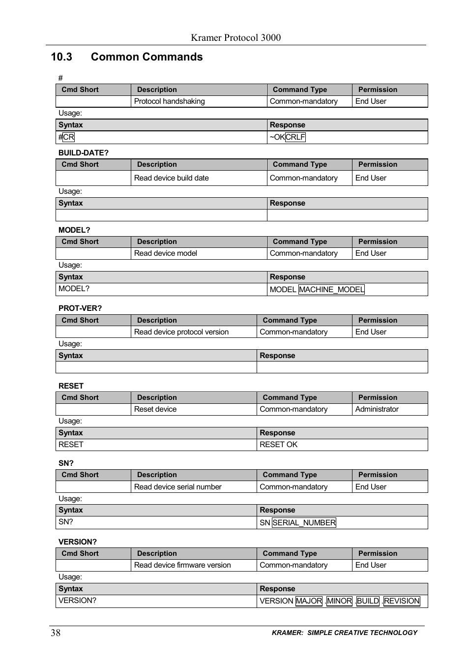 3 common commands, Common commands, Kramer protocol 3000 | Kramer Electronics PL-50 User Manual | Page 42 / 52