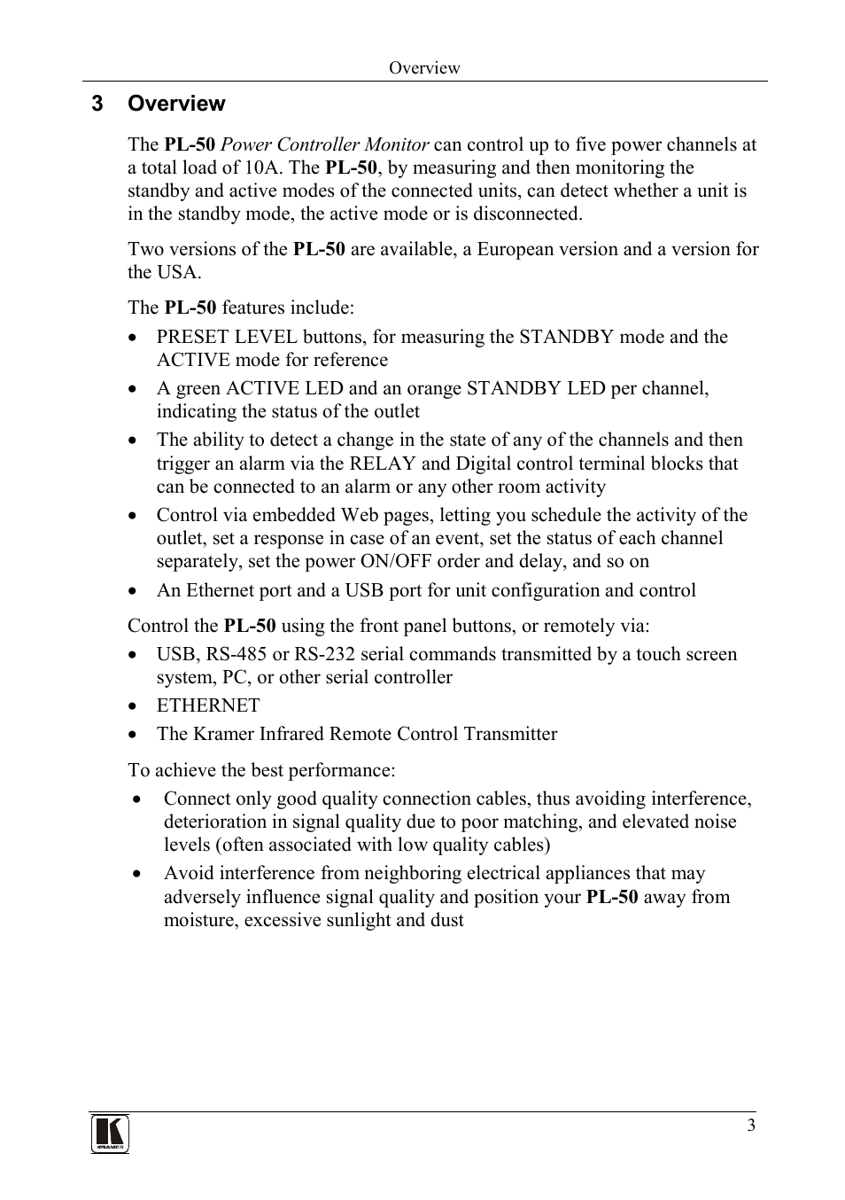 3 overview, Overview | Kramer Electronics PL-50 User Manual | Page 7 / 52