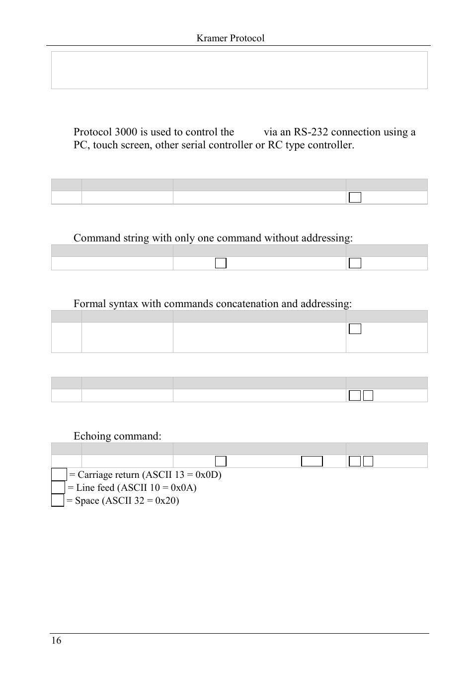 3 protocol 3000 syntax, 1 host message format, 1 simple command | 2 command string, 3 device message format, 4 device long response, Protocol 3000 syntax, Host message format, Echoing command | Kramer Electronics PL-8 User Manual | Page 19 / 23