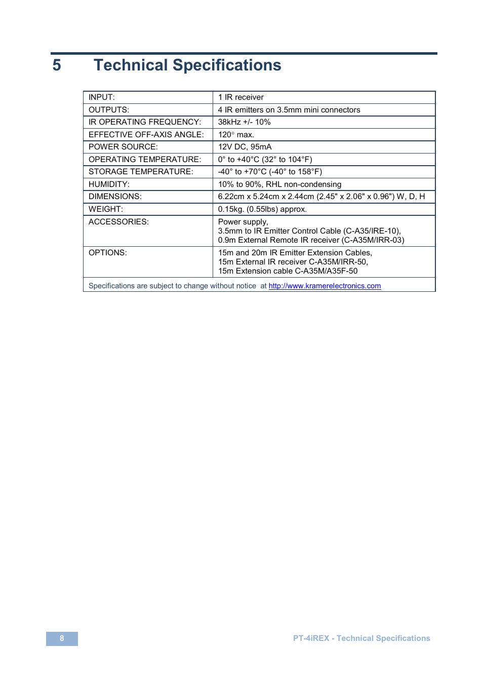 5 technical specifications, Technical specifications, 5technical specifications | Kramer Electronics PT-4iREX User Manual | Page 11 / 13