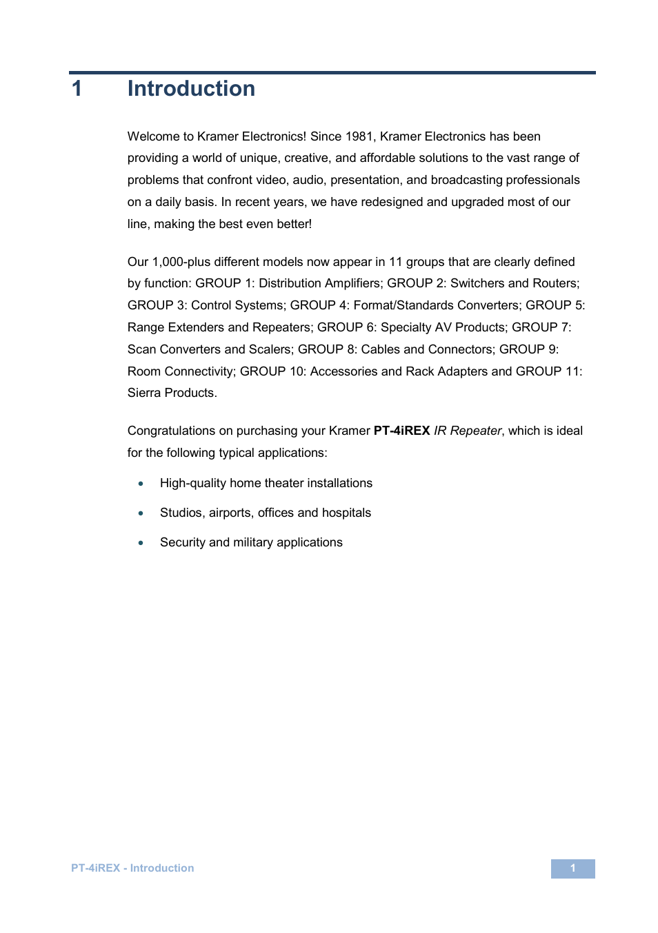 1 introduction, Introduction, 1introduction | Kramer Electronics PT-4iREX User Manual | Page 4 / 13