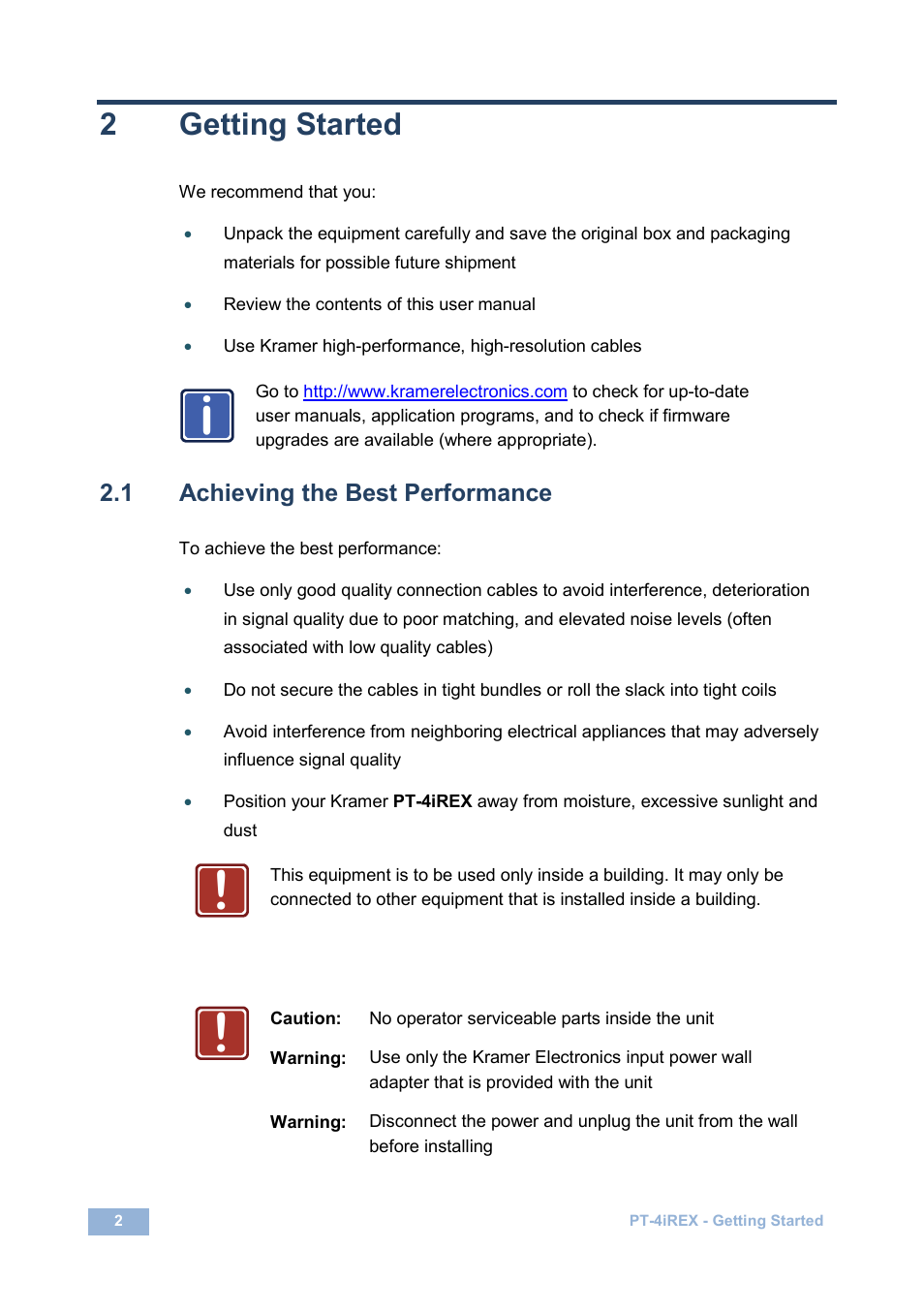 2 getting started, 1 achieving the best performance, Getting started | Achieving the best performance, 2getting started | Kramer Electronics PT-4iREX User Manual | Page 5 / 13