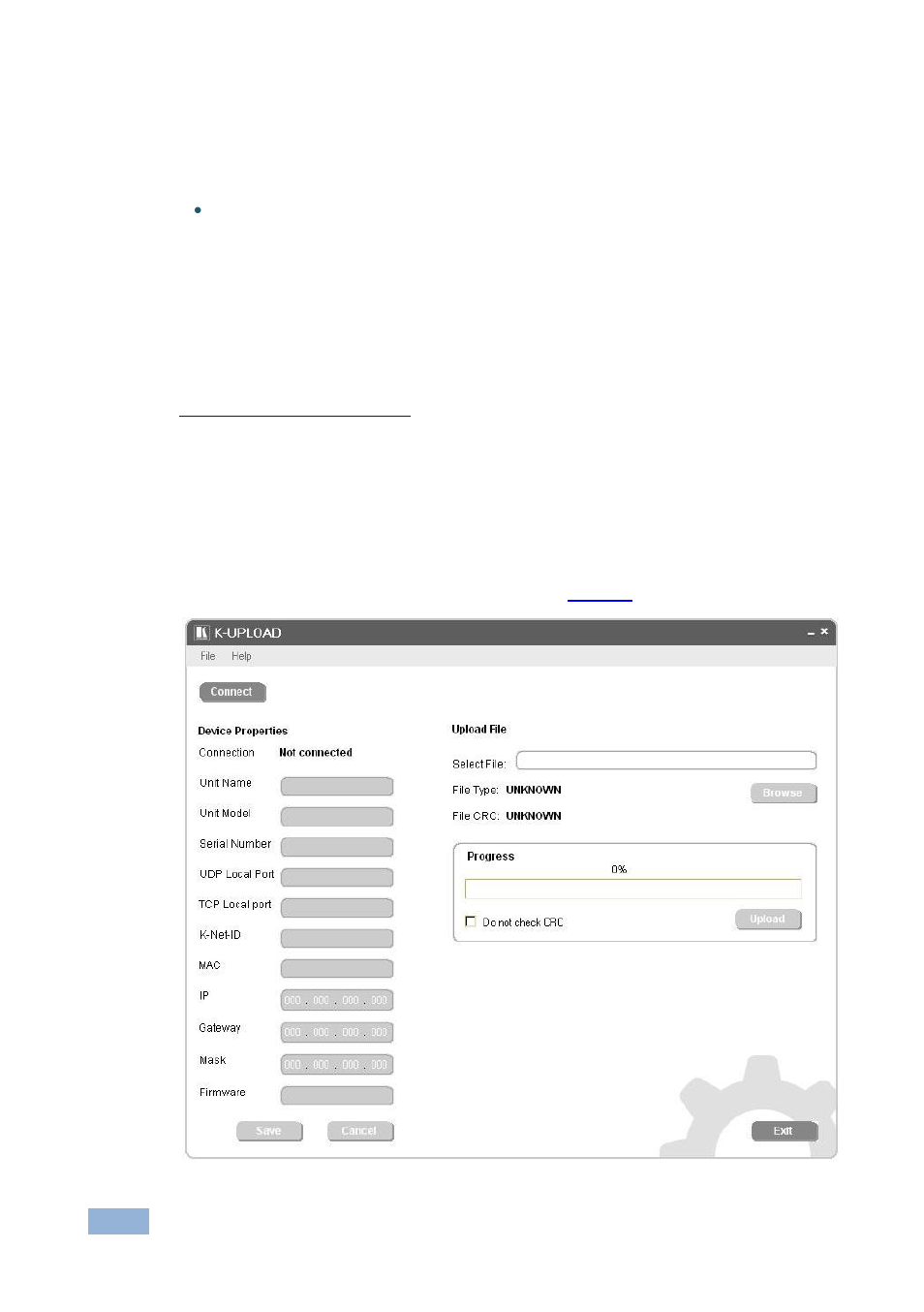 3 initial ethernet port configuration, Figure 6: k-upload main screen, Section | Kramer Electronics RB-6 User Manual | Page 16 / 38