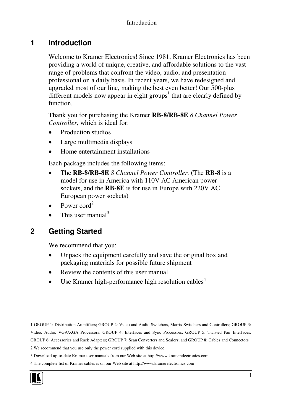 1introduction, 2getting started | Kramer Electronics RB-8 User Manual | Page 3 / 11