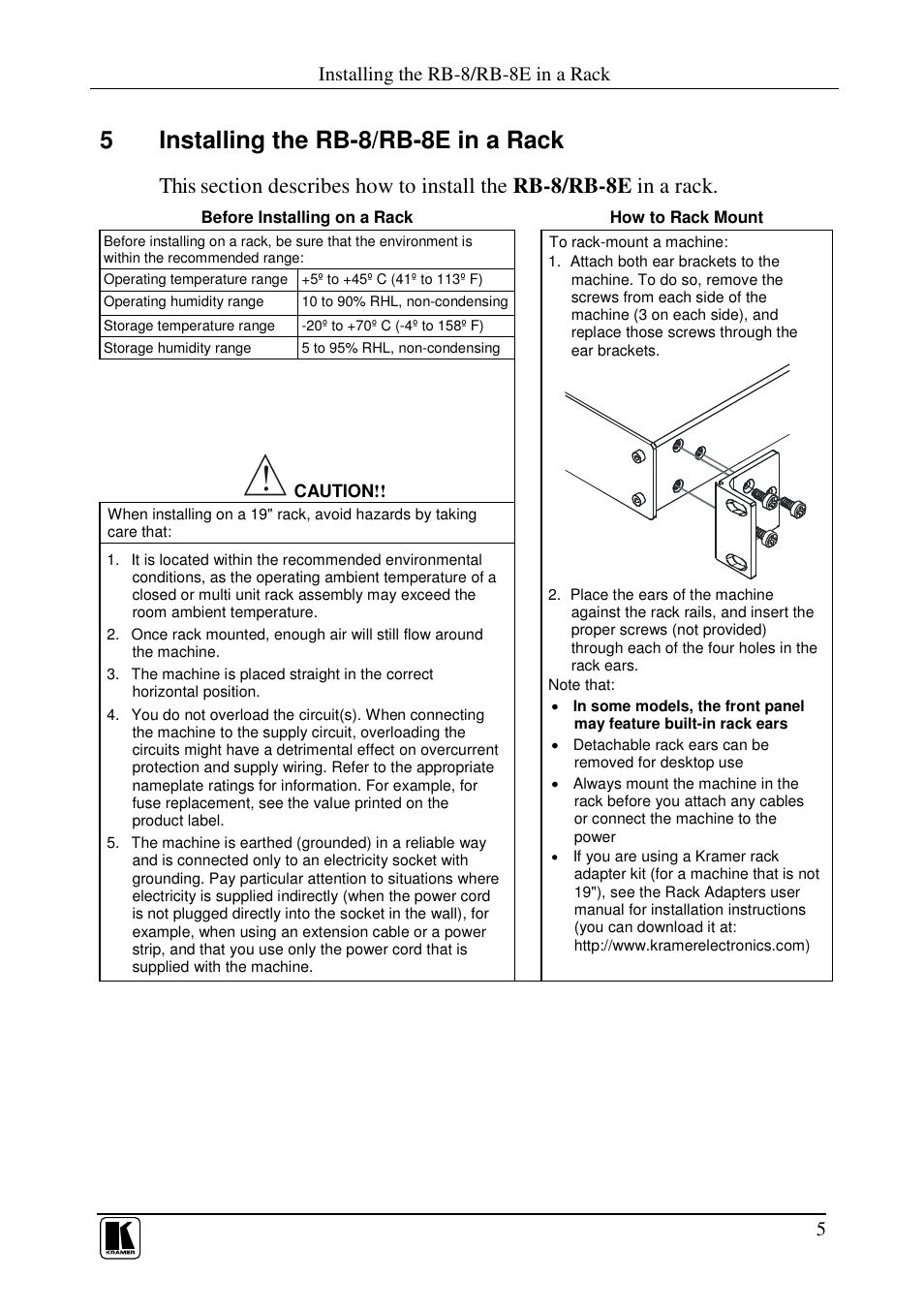 5installing the rb-8/rb-8e in a rack, Installing the rb-8/rb-8e in a rack | Kramer Electronics RB-8 User Manual | Page 7 / 11