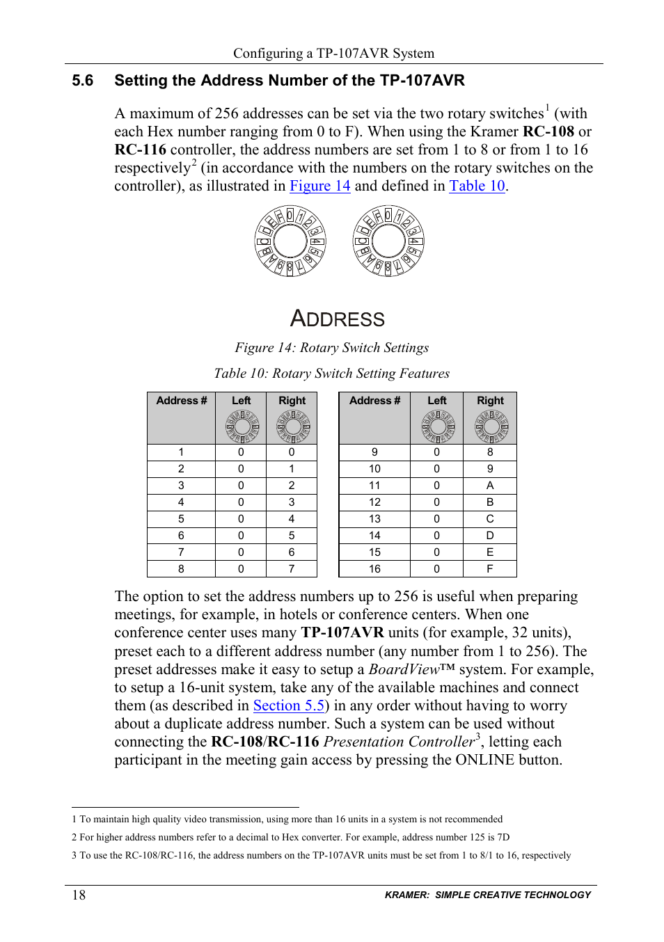 6 setting the address number of the tp-107avr, Setting the address number of the tp-107avr, Figure 14: rotary switch settings | Table 10: rotary switch setting features, Ection 5.6, N 5.6, Configuring a tp-107avr system | Kramer Electronics TP-107AVR User Manual | Page 21 / 34