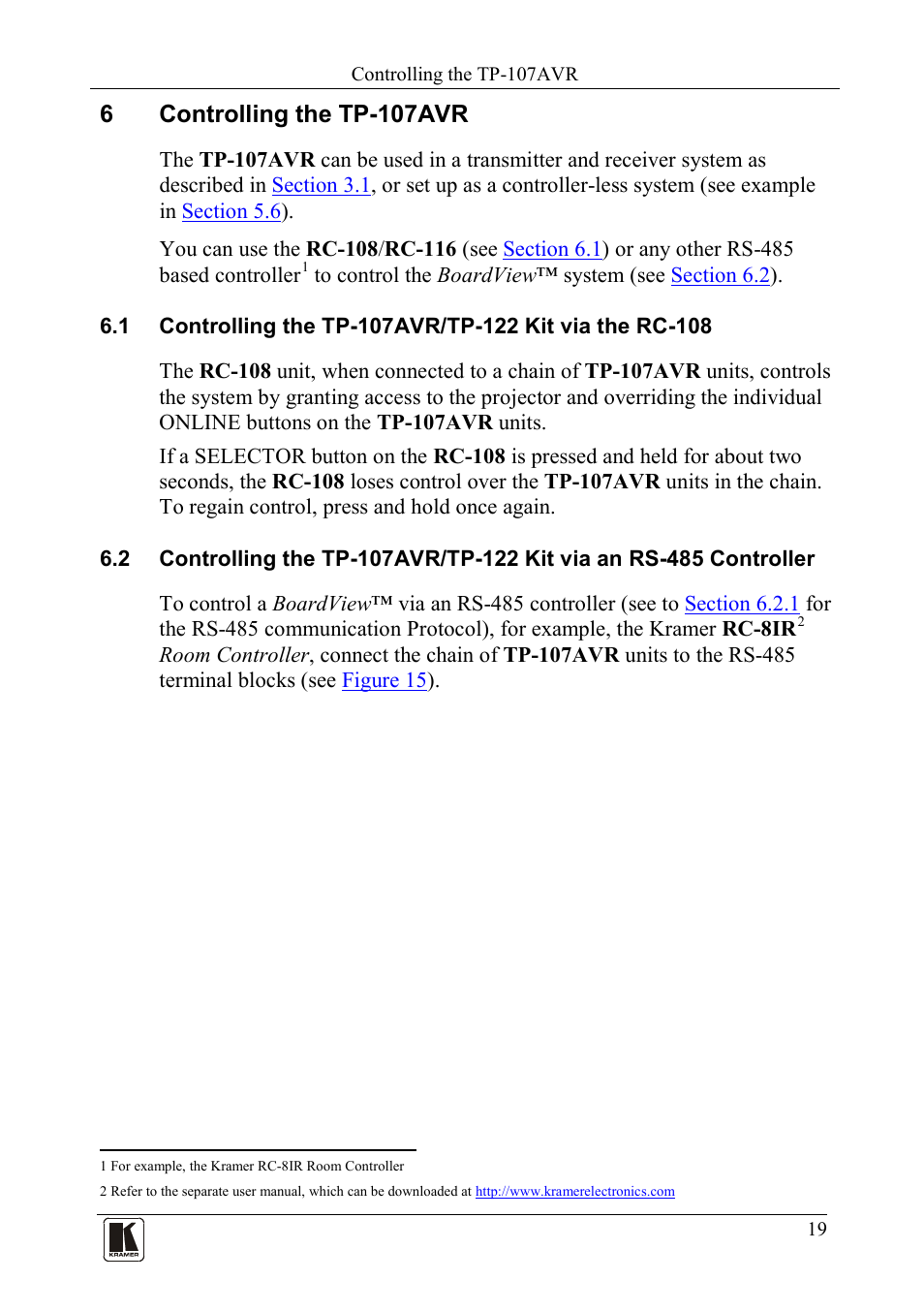 6 controlling the tp-107avr, Controlling the tp-107avr, 6controlling the tp-107avr | Kramer Electronics TP-107AVR User Manual | Page 22 / 34