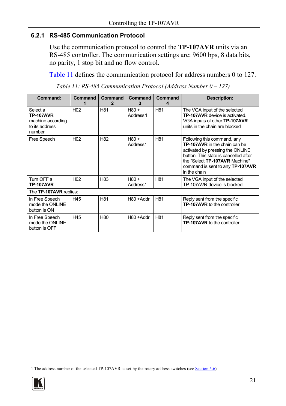 1 rs-485 communication protocol, Rs-485 communication protocol | Kramer Electronics TP-107AVR User Manual | Page 24 / 34