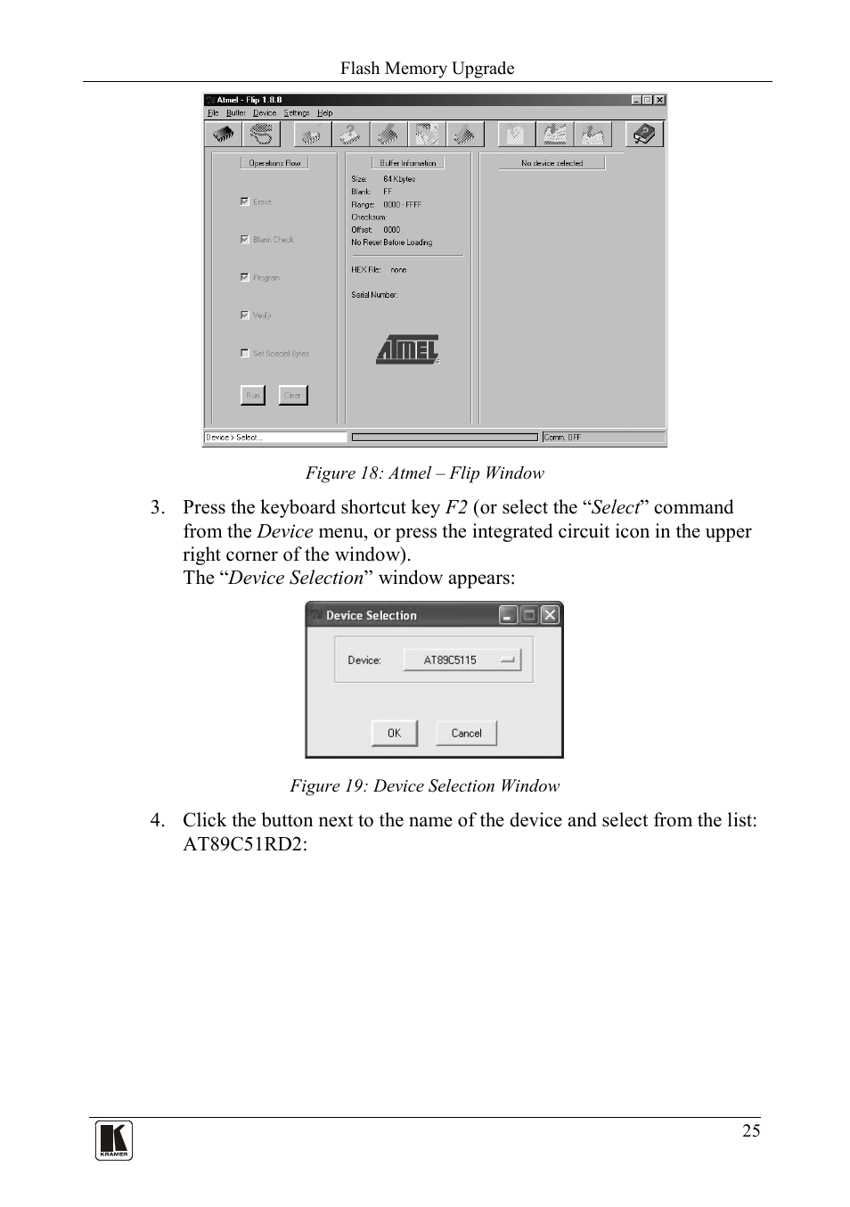 Figure 18: atmel – flip window, Figure 19: device selection window | Kramer Electronics TP-107AVR User Manual | Page 28 / 34