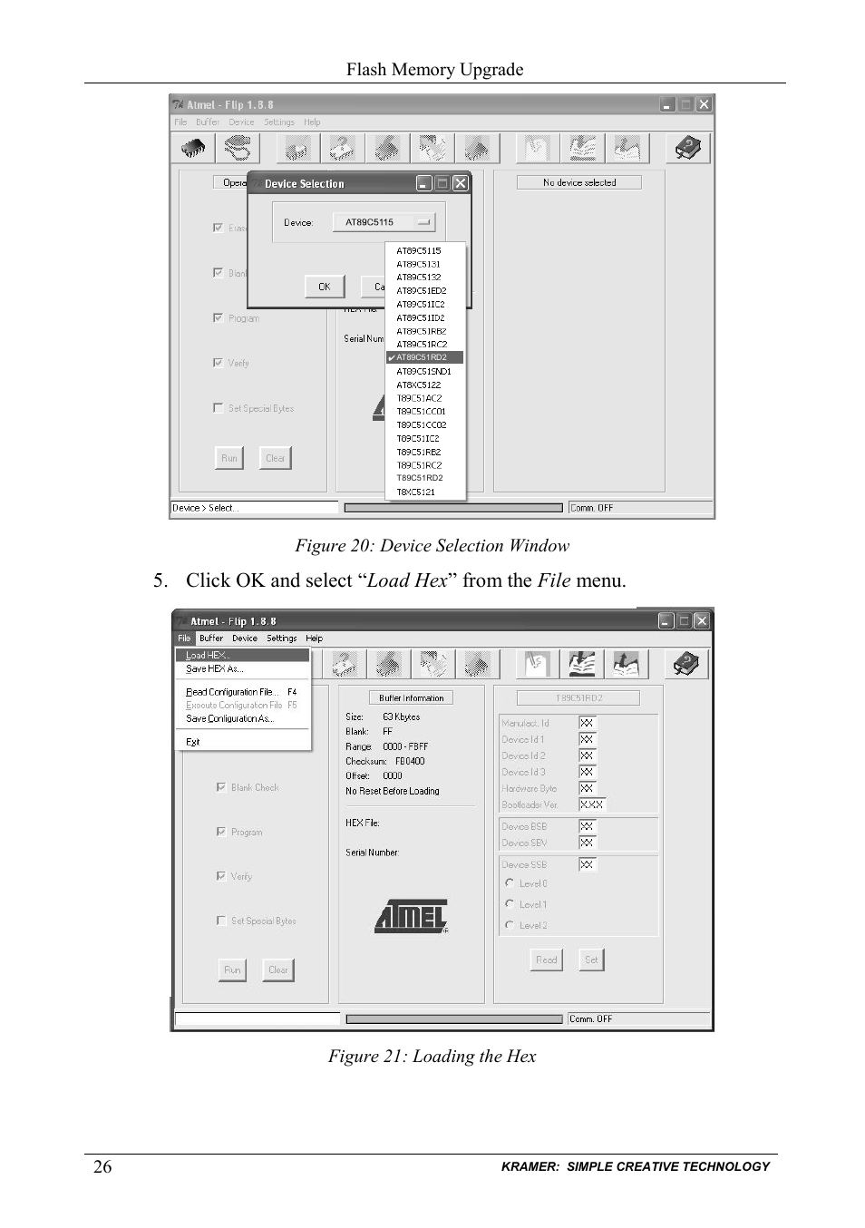 Figure 20: device selection window, Figure 21: loading the hex | Kramer Electronics TP-107AVR User Manual | Page 29 / 34