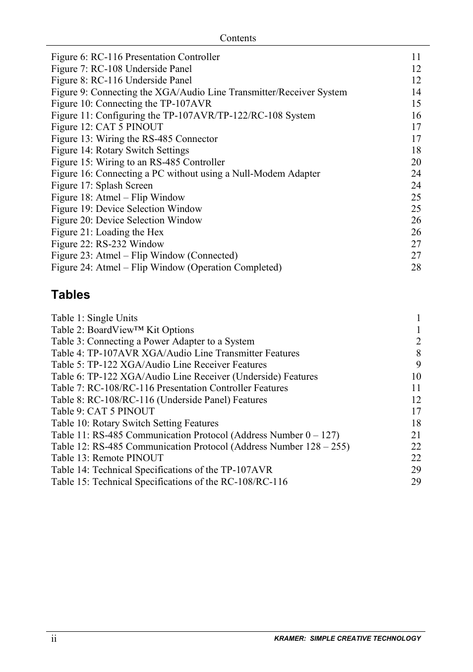 Tables | Kramer Electronics TP-107AVR User Manual | Page 3 / 34