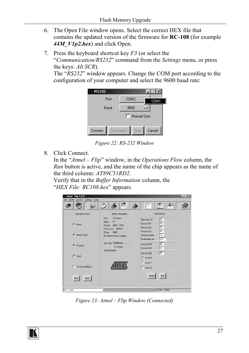 Figure 22: rs-232 window, Figure 23: atmel – flip window (connected) | Kramer Electronics TP-107AVR User Manual | Page 30 / 34