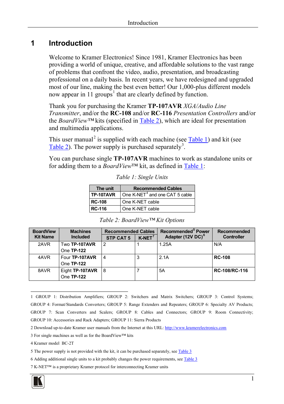 1 introduction, Introduction, Table 1: single units | Table 2: boardview™ kit options, 1introduction | Kramer Electronics TP-107AVR User Manual | Page 4 / 34
