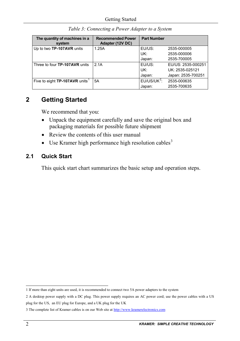 2 getting started, 1 quick start, Getting started | Quick start, Table 3: connecting a power adapter to a system, Table 3, 2getting started | Kramer Electronics TP-107AVR User Manual | Page 5 / 34