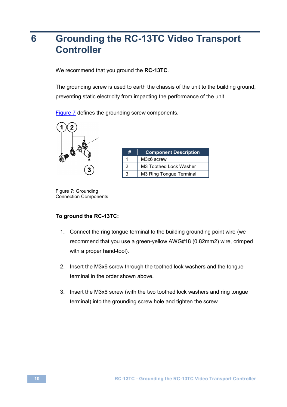 6 grounding the rc-13tc video transport controller, Grounding the rc-13tc video transport controller, Figure 7: grounding connection components | On 6, 6grounding the rc-13tc video transport controller | Kramer Electronics RC-13TC User Manual | Page 12 / 16