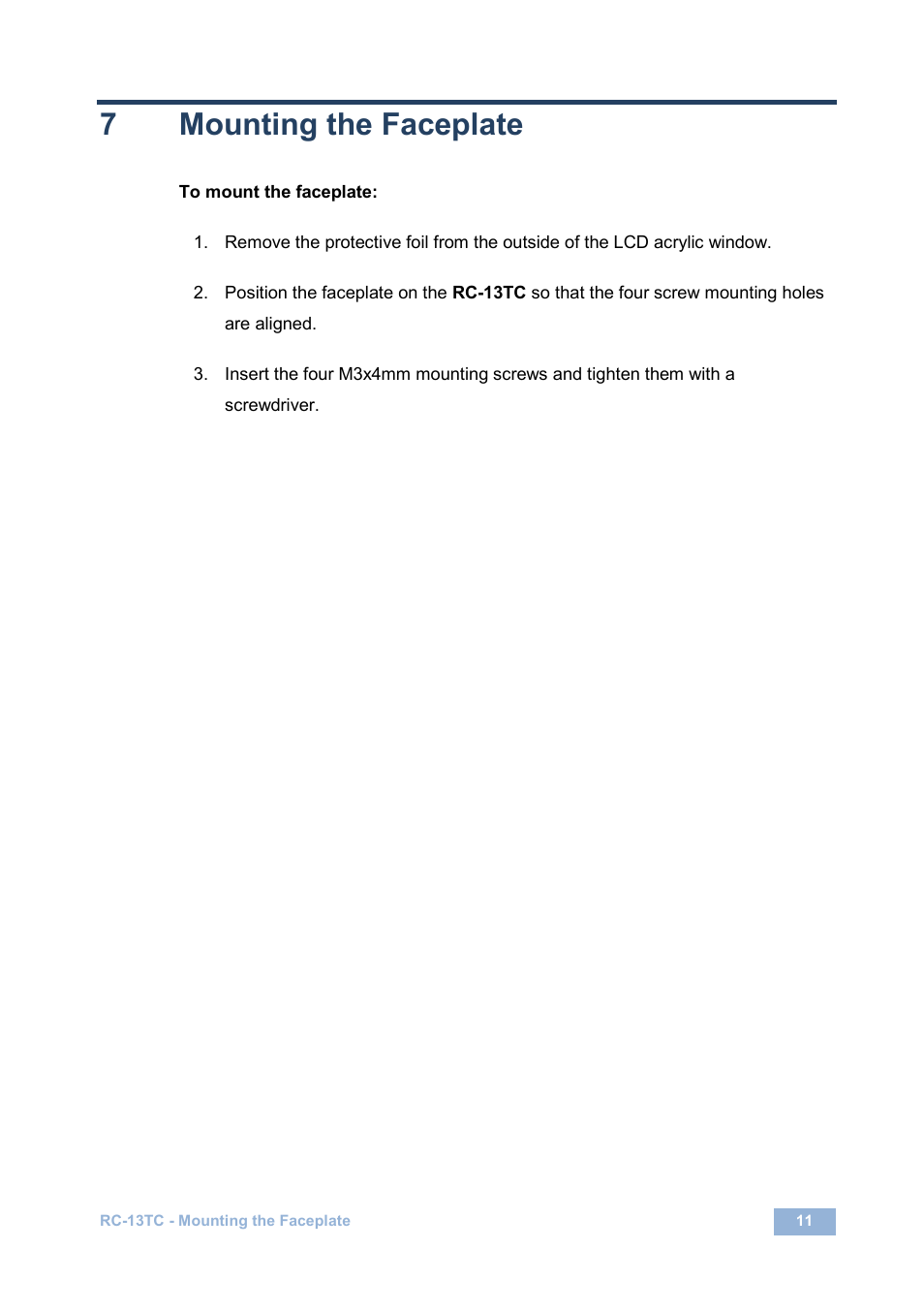 7 mounting the faceplate, Mounting the faceplate, 7mounting the faceplate | Kramer Electronics RC-13TC User Manual | Page 13 / 16