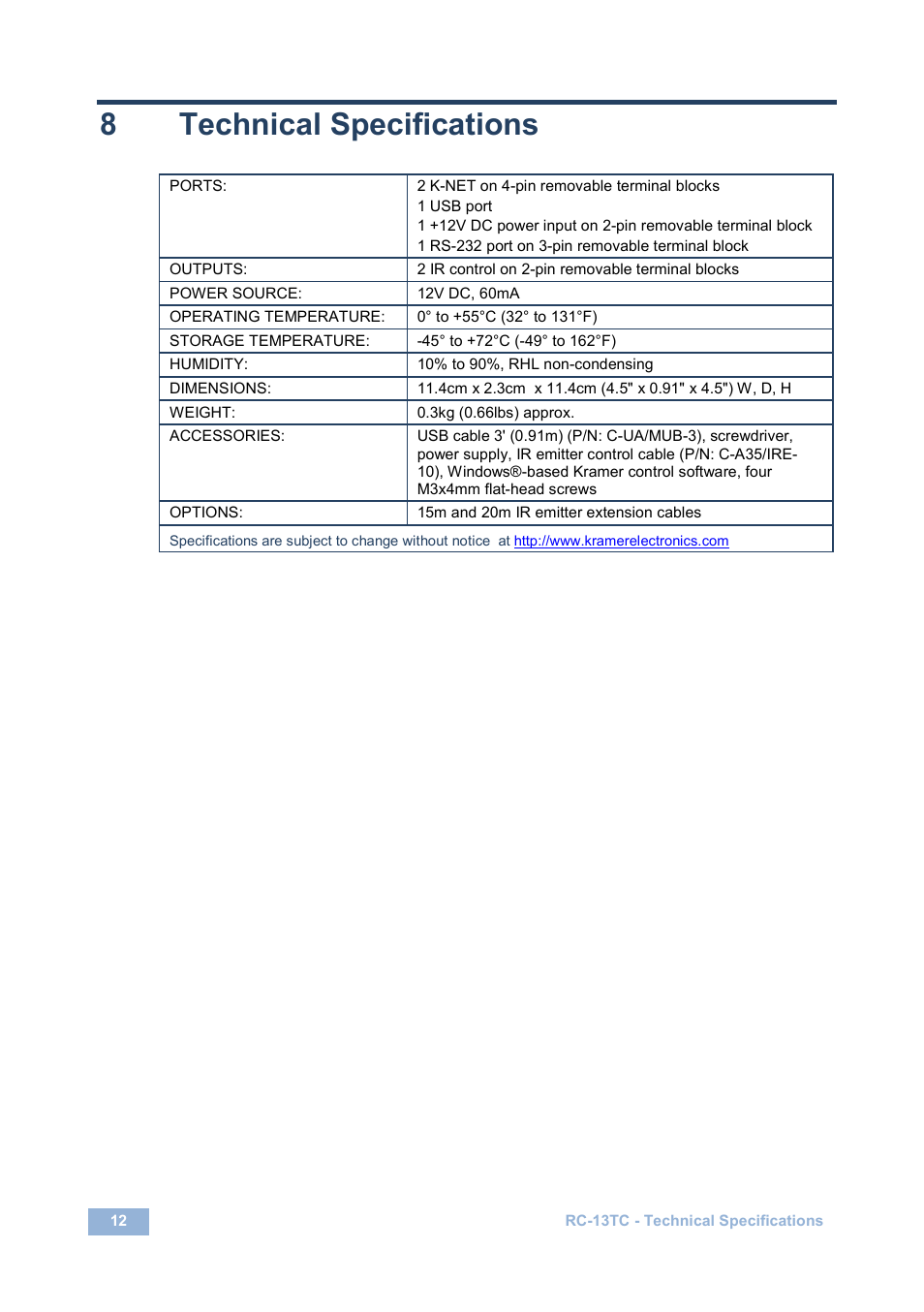 8 technical specifications, Technical specifications, 8technical specifications | Kramer Electronics RC-13TC User Manual | Page 14 / 16