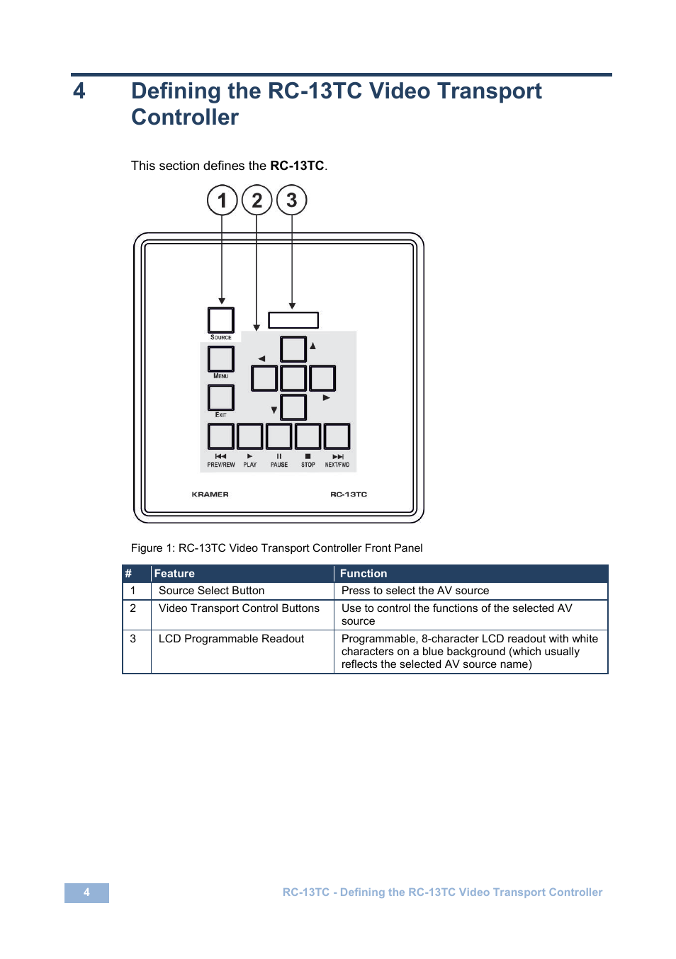 4 defining the rc-13tc video transport controller, Defining the rc-13tc video transport controller, 4defining the rc-13tc video transport controller | Kramer Electronics RC-13TC User Manual | Page 6 / 16