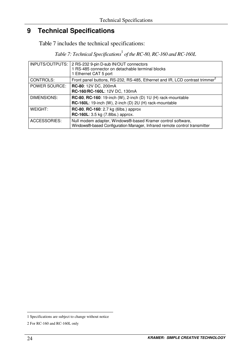 9 technical specifications, Table 7 includes the technical specifications | Kramer Electronics RC-80 User Manual | Page 27 / 35