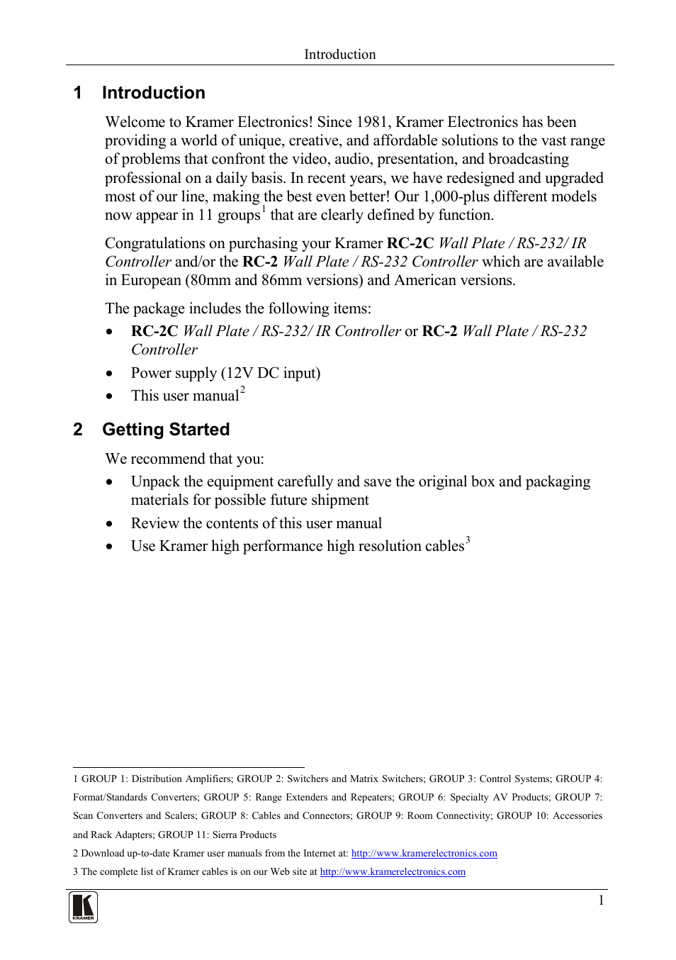 1 introduction, 2 getting started, Introduction | Getting started | Kramer Electronics RC-2C User Manual | Page 3 / 11