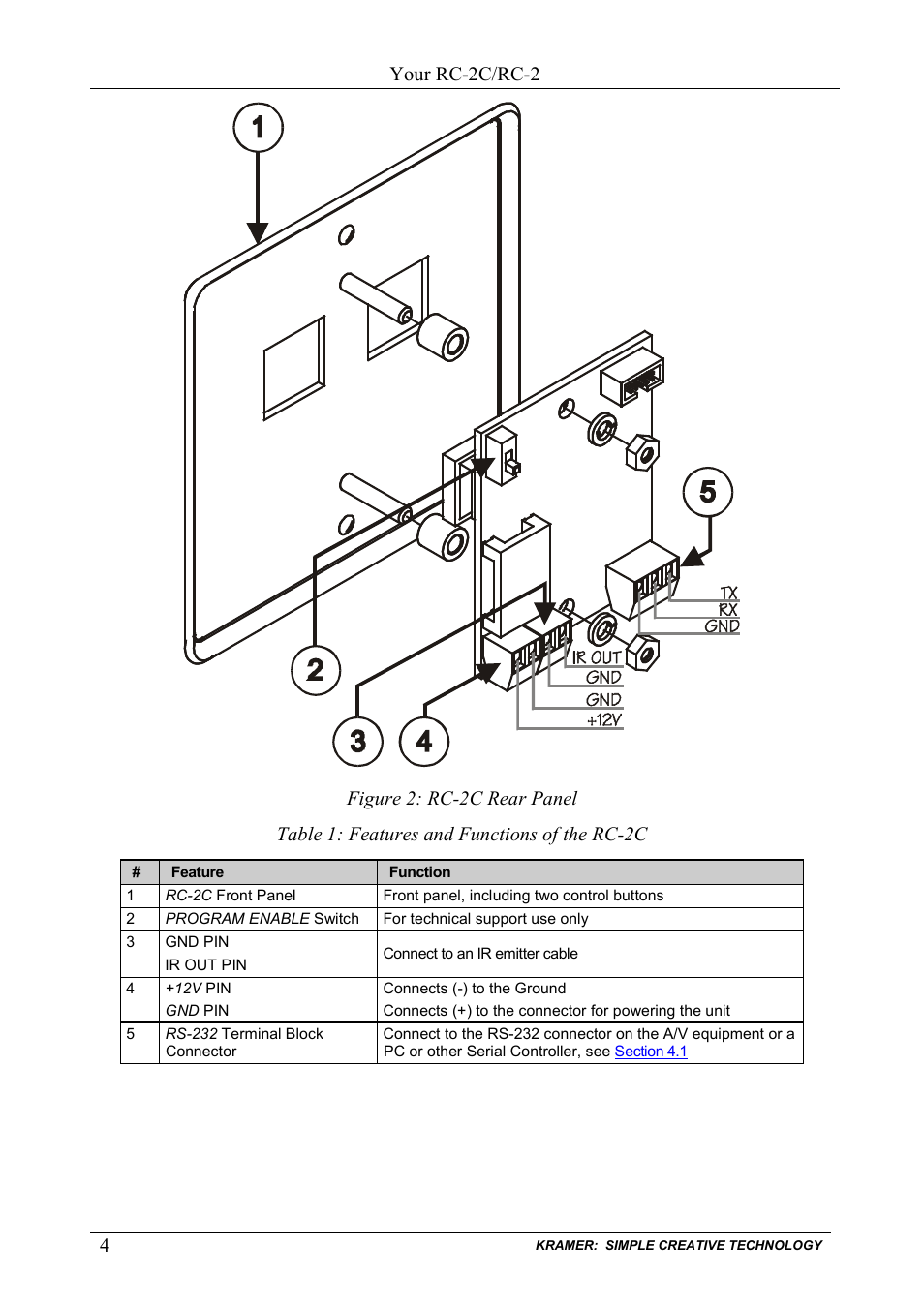 Figure 2: rc-2c rear panel, Table 1: features and functions of the rc-2c, Figure 2 | Table 1 | Kramer Electronics RC-2C User Manual | Page 6 / 11