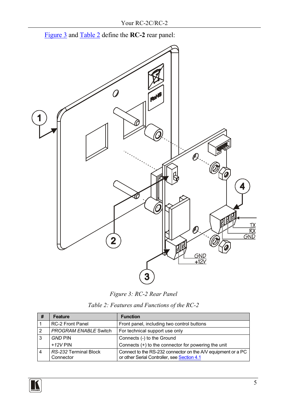 Figure 3: rc-2 rear panel, Table 2: features and functions of the rc-2, Figure 3 a nd table 2 d efine the rc-2 rear panel | Kramer Electronics RC-2C User Manual | Page 7 / 11