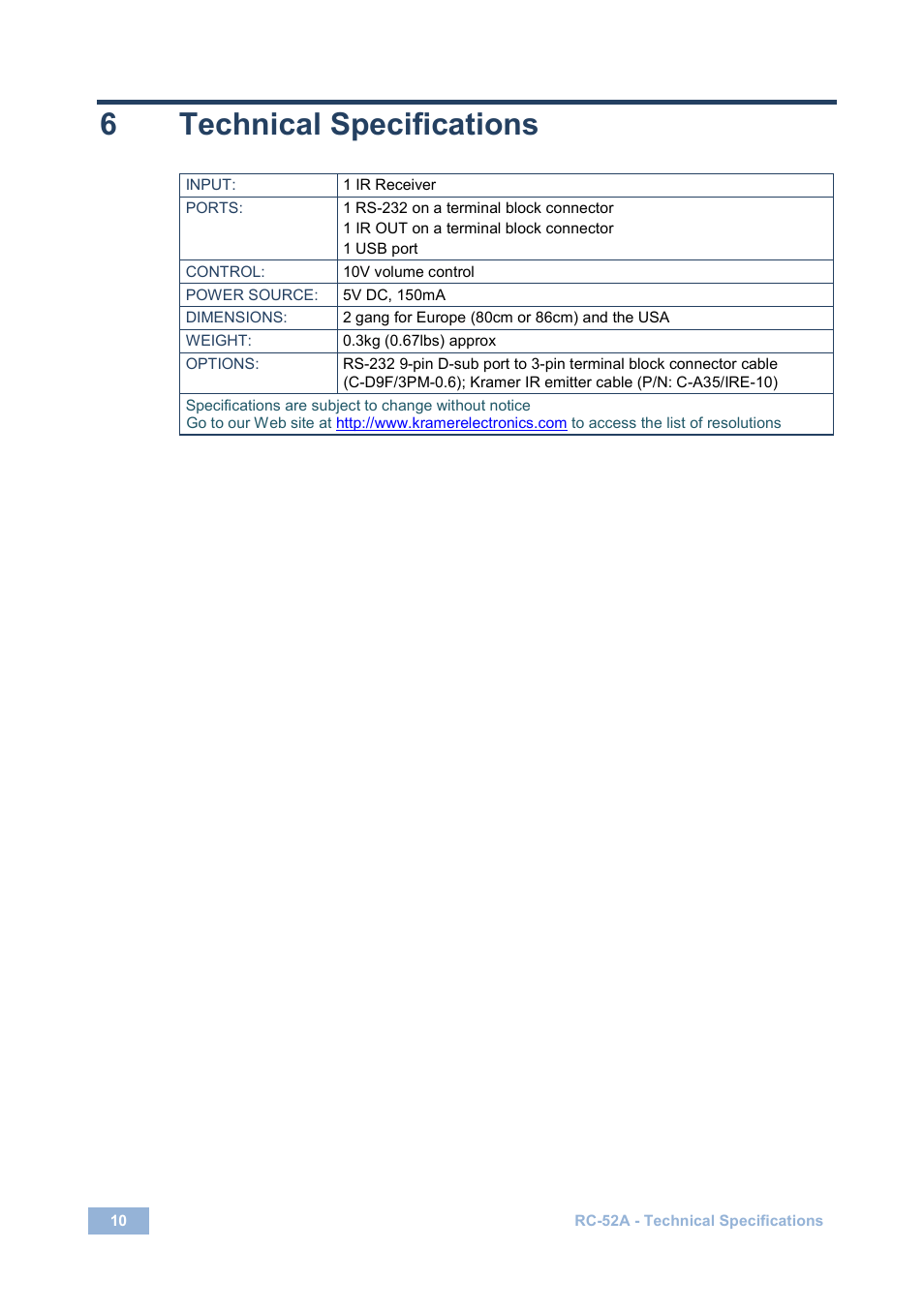 6 technical specifications, Technical specifications, 6technical specifications | Kramer Electronics RC-52A User Manual | Page 12 / 14