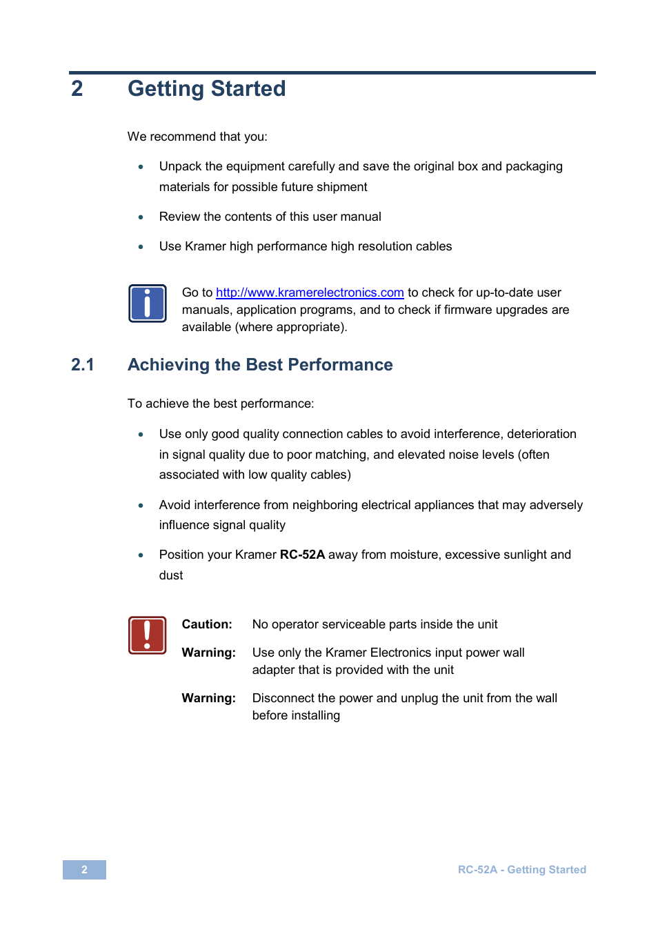 2 getting started, 1 achieving the best performance, Getting started | Achieving the best performance, 2getting started | Kramer Electronics RC-52A User Manual | Page 4 / 14