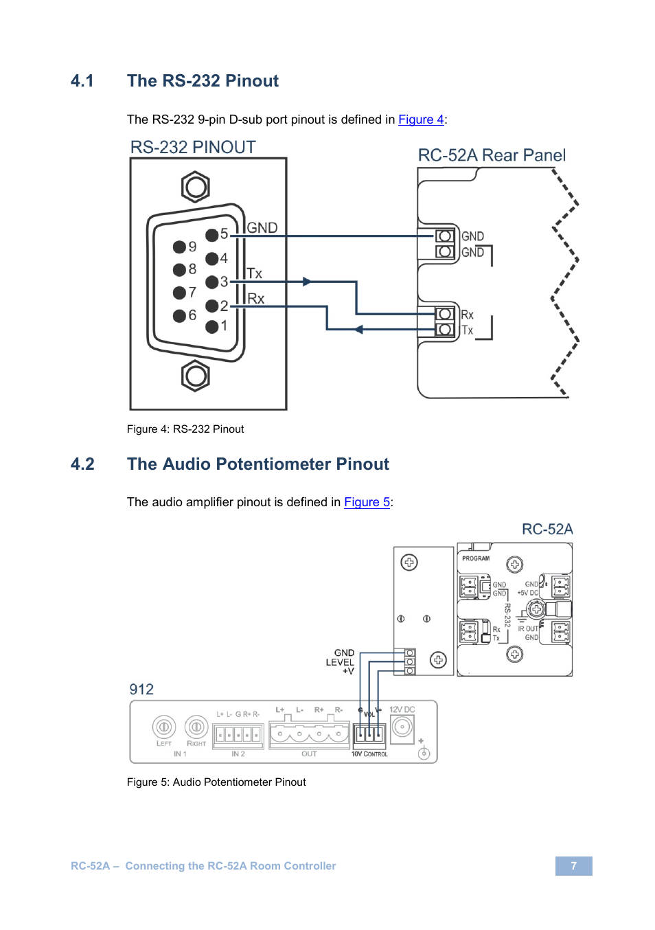 The rs-232 pinout, The audio potentiometer pinout, Figure 4: rs-232 pinout | Figure 5: audio potentiometer pinout, On 4.1, N 4.2 | Kramer Electronics RC-52A User Manual | Page 9 / 14