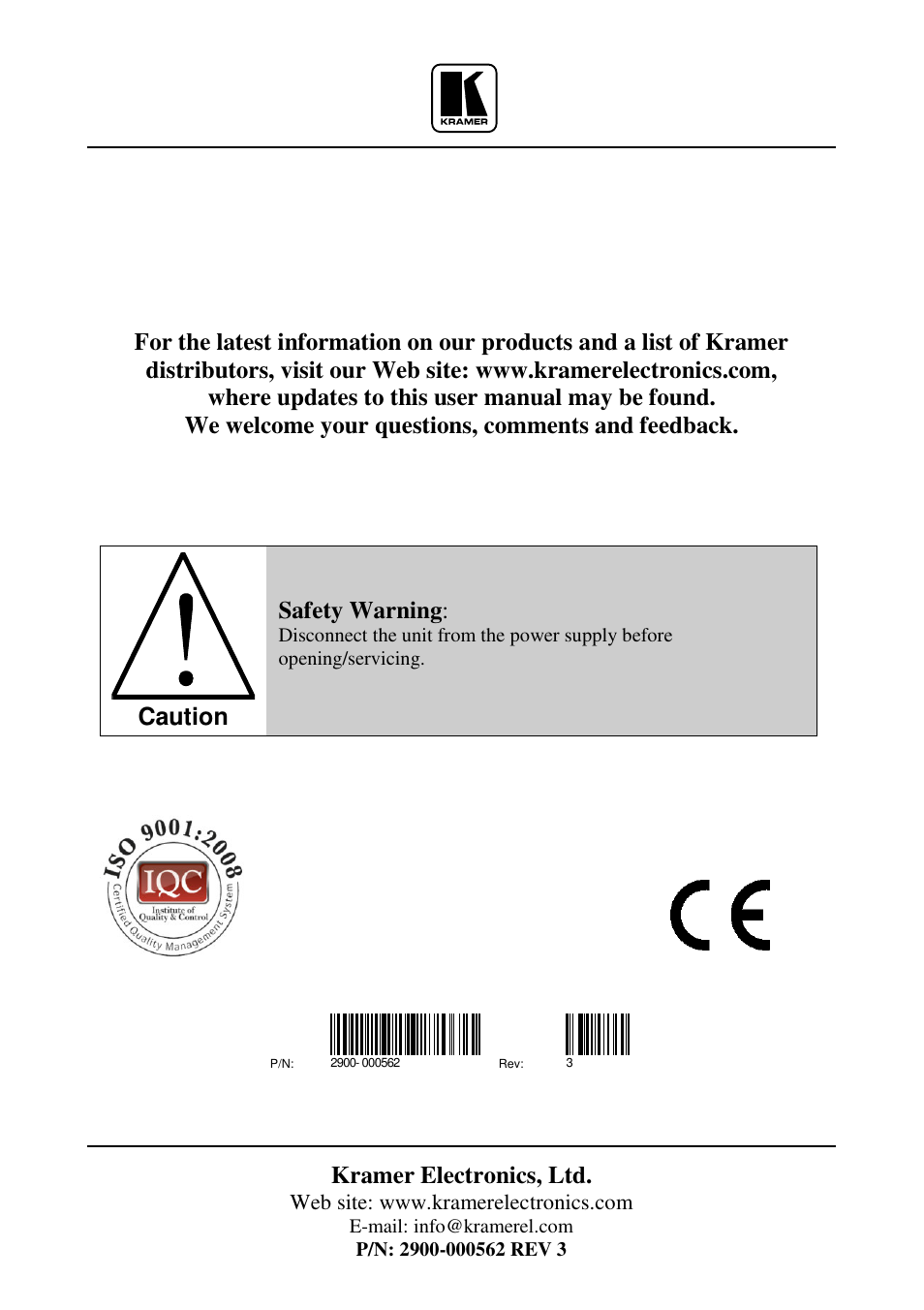 Kramer electronics, ltd, Caution, Safety warning | Kramer Electronics RC-52N User Manual | Page 10 / 10