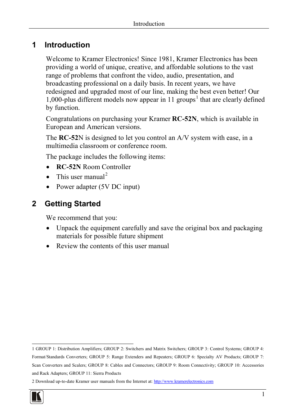 1 introduction, 2 getting started, Introduction | Getting started | Kramer Electronics RC-52N User Manual | Page 3 / 10