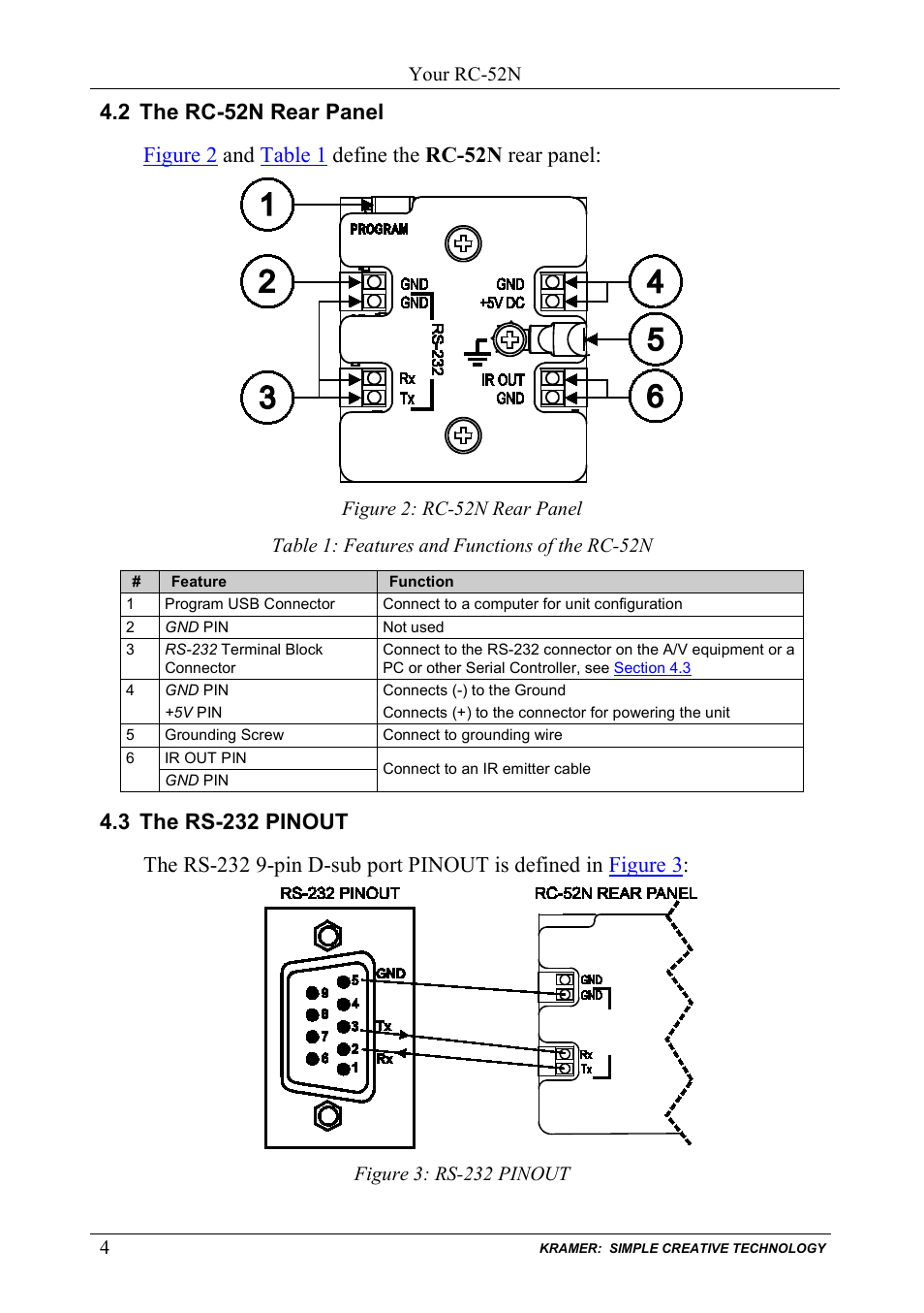 2 the rc-52n rear panel, 3 the rs-232 pinout, The rc-52n rear panel | The rs-232 pinout, Figure 2: rc-52n rear panel, Figure 3: rs-232 pinout, Table 1: features and functions of the rc-52n | Kramer Electronics RC-52N User Manual | Page 6 / 10